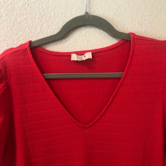 Loft Tee Shirt Dress Stretchy Cotton Blend Red “Seersucker” Ruched Sleeve V Neck - Picture 4 of 9